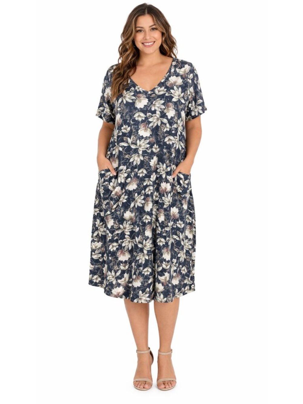 Floral V Neck Dress Large Navy Cream Short Sleeve Midi Pockets Casual